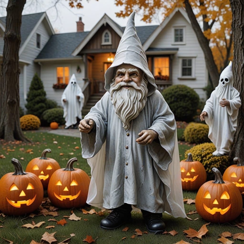 Yard Gnome in Ghost Costume Trick-or-Treating