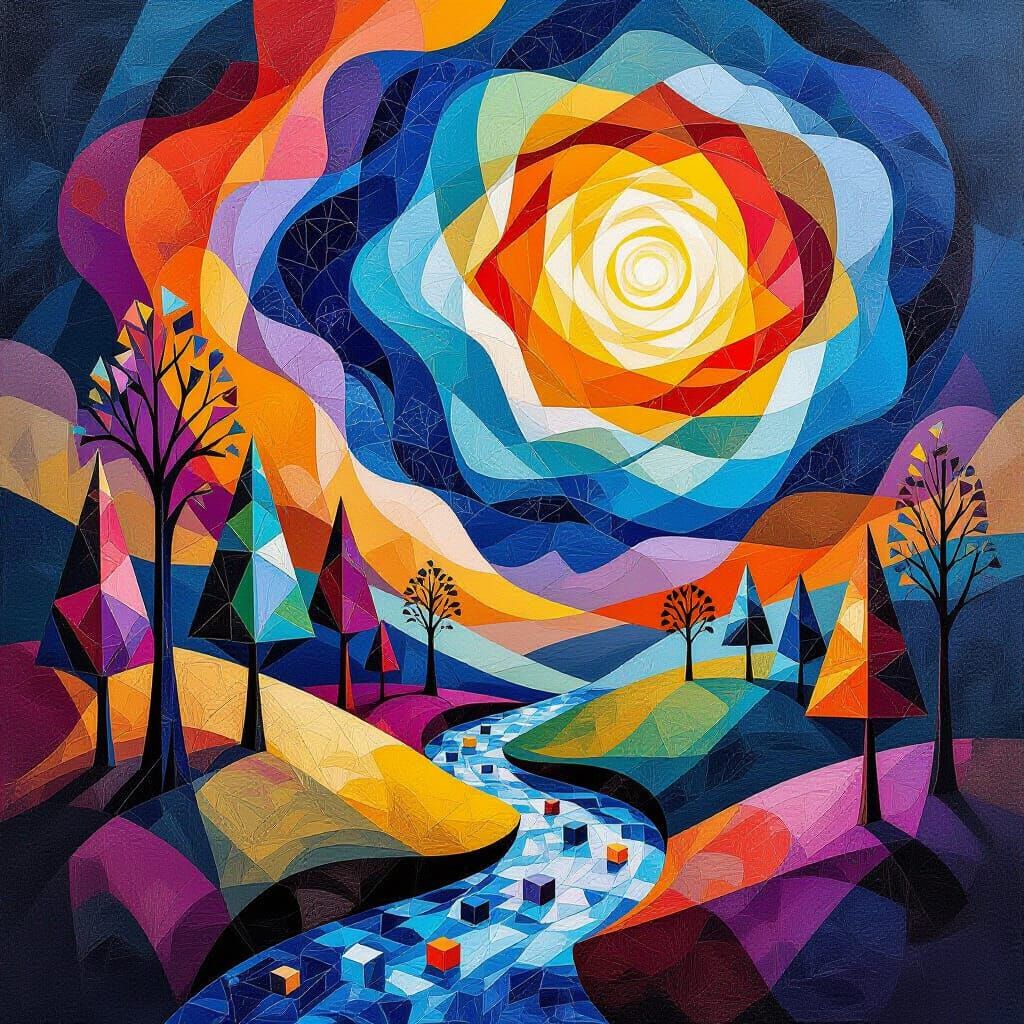 Abstract Nature Landscape with Swirling Sky