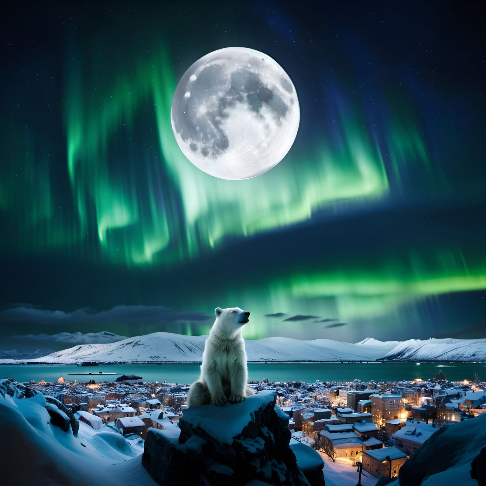 Polar Bear Aurora Panorama in Fine Art Style
