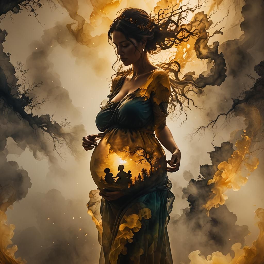 Pregnant Woman Silhouette with Baby: Alcohol Ink Art