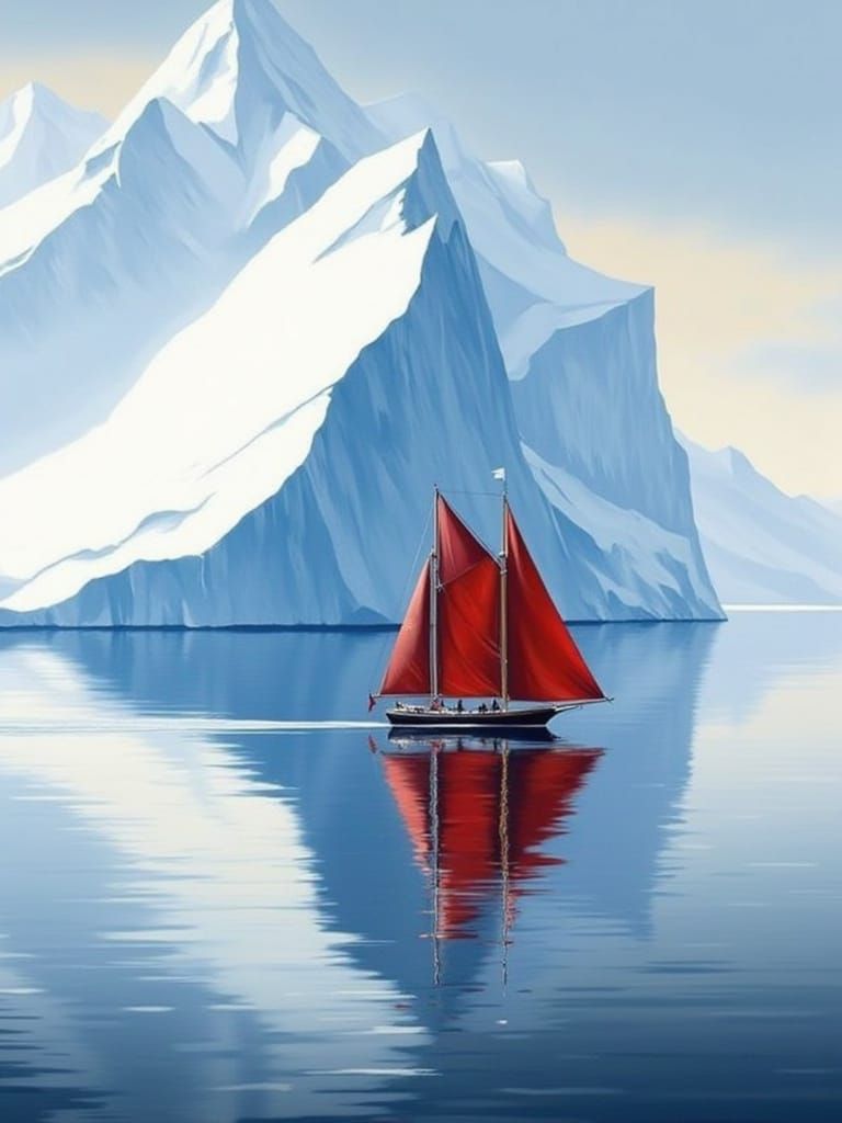 Surreal Arctic Scene with Sailboat and Iceberg in Vibrant Co...
