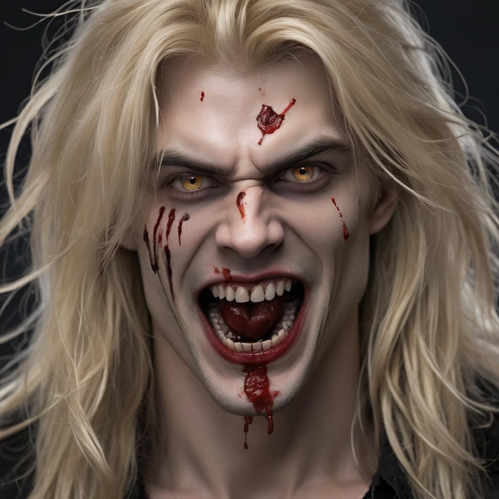 Gothic Male Figure with Fierce Vampire Teeth and Long Blonde...