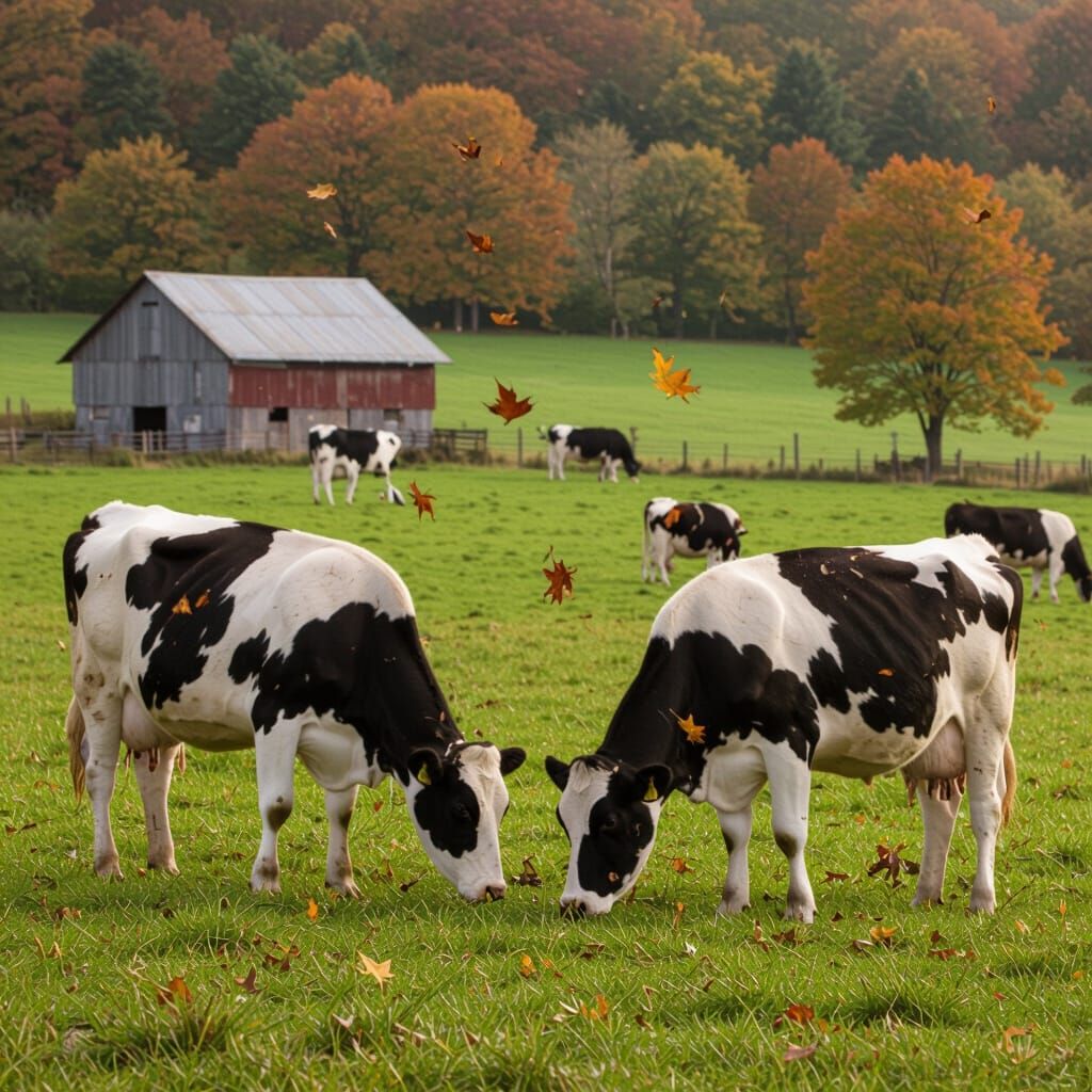 Autumn Dairy Farm Scene with Cows Grazing