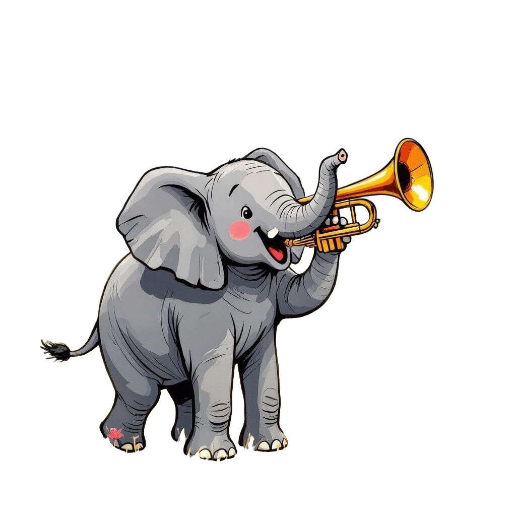 Elephant Plays Trumpet with Laughter Notes in Whimsical Styl...
