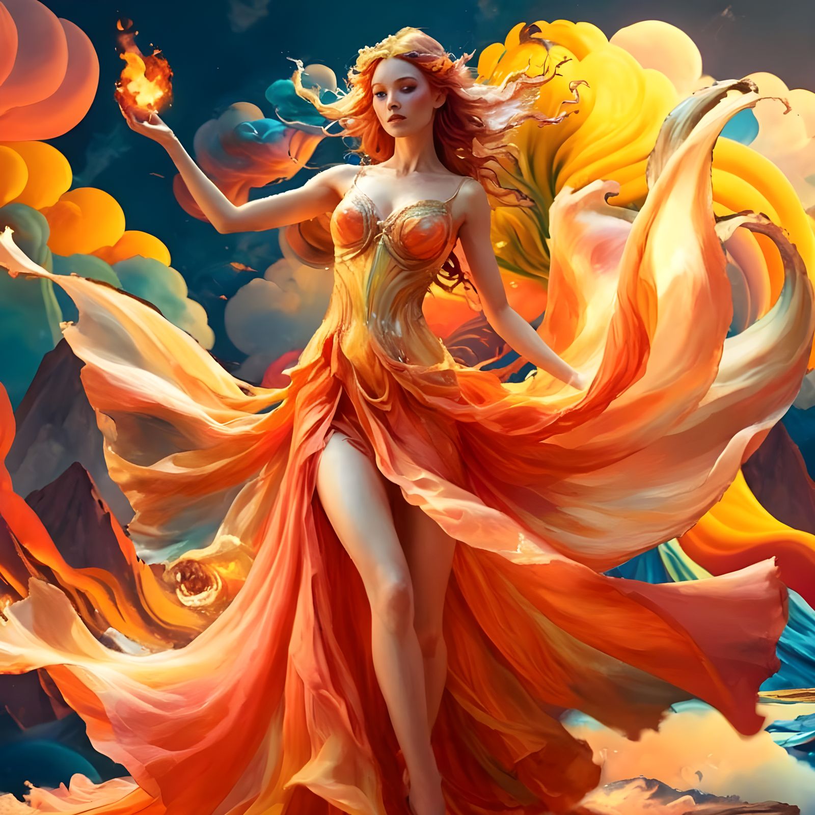 Mystical Woman Ascends Fiery Mountain