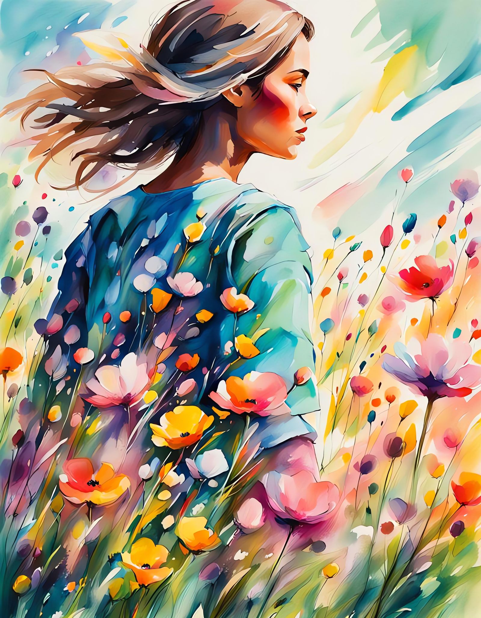 Colorful Ink Painting of a Flowery Meadow