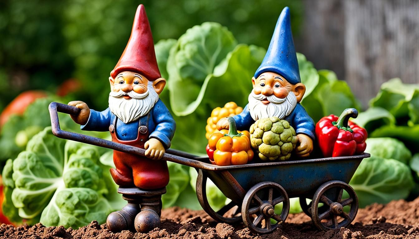 Rustic Metal Garden Gnome Leading Vegetable Cart
