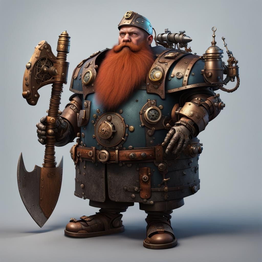 Steampunk Robot Dwarf Cyborg with Axe