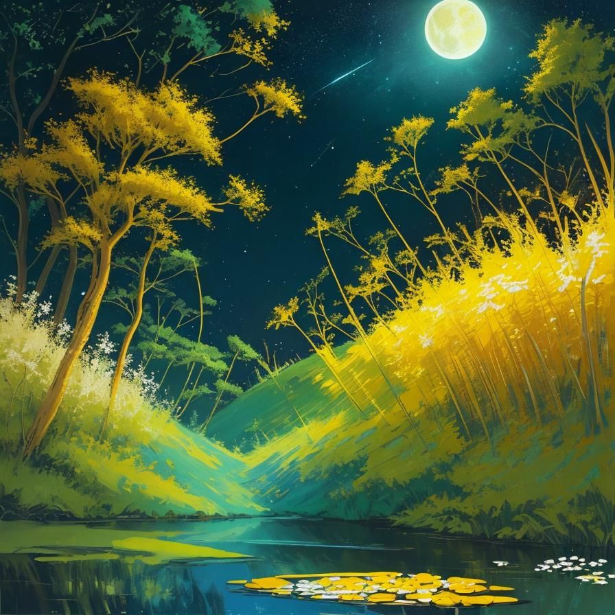 Ethereal Riparian Flowers at Night in Oil Painting