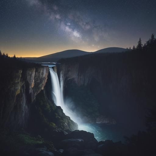 Majestic Waterfall Under Starry Night Sky