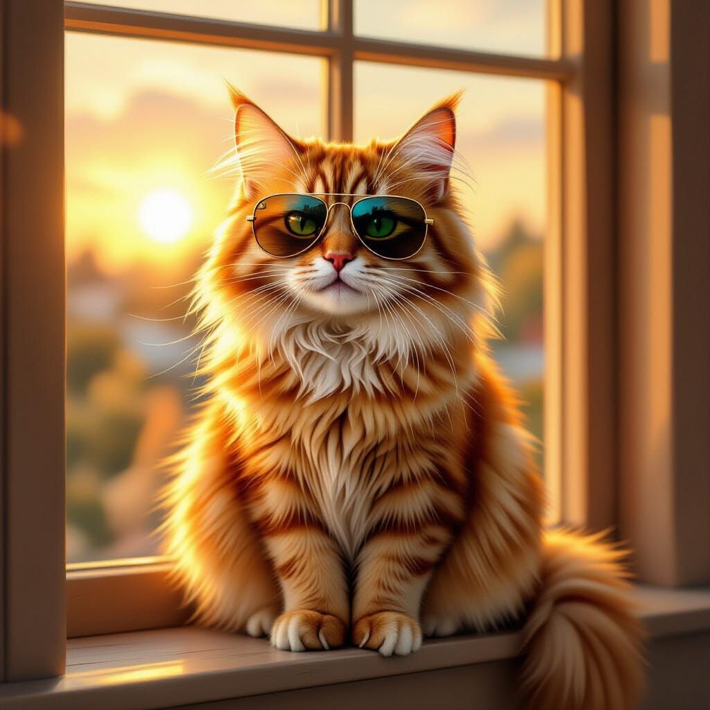 Fluffy Ginger Cat in Aviator Sunglasses on Sunlit Sill