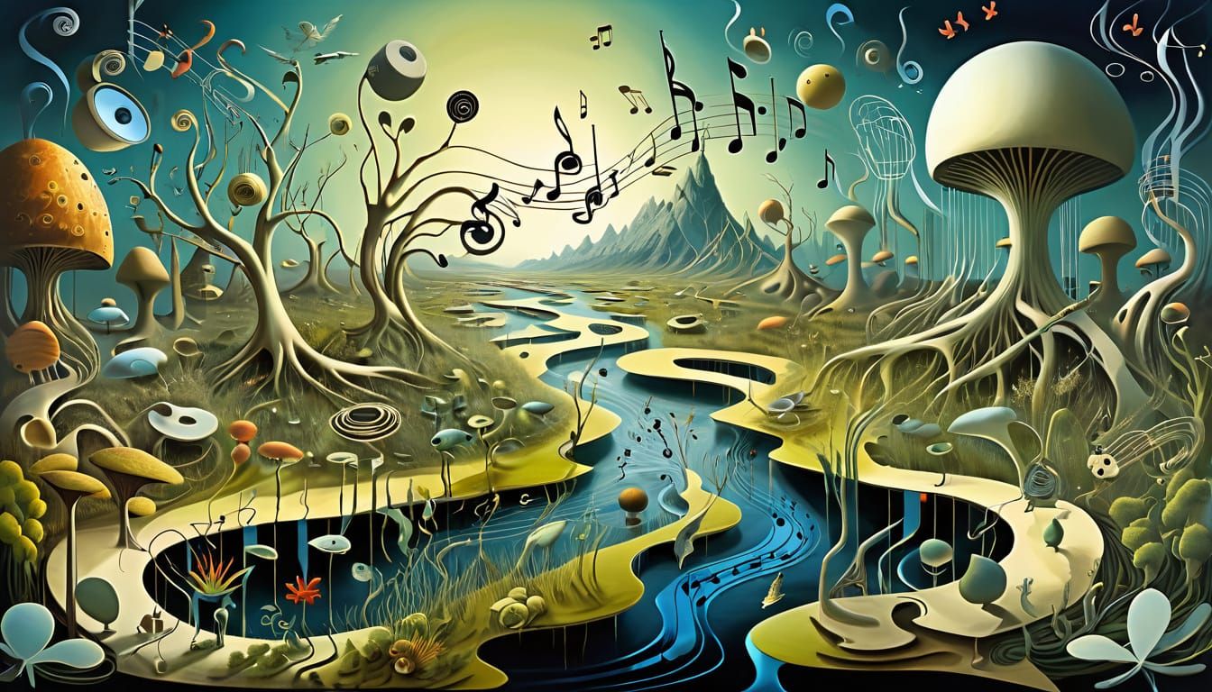 Surreal Musical Landscape with Living Instruments and Conduc...