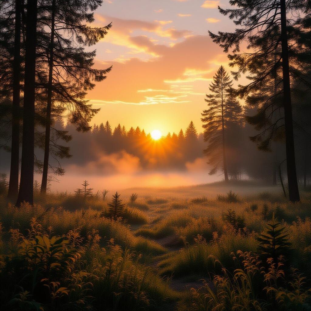 Golden Hour Forest Clearing in Ethereal Mist