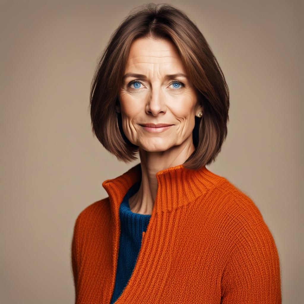 Portrait of a Woman with Brown Bob and Blue Eyes