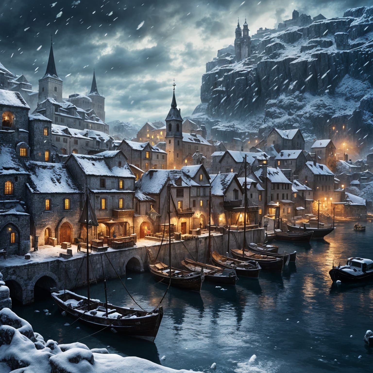 Snowy Croatian Port City: Epic Digital Matte Painting