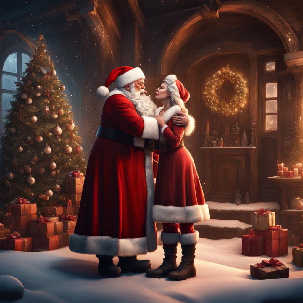 Santa Claus kisses Mrs Claus
