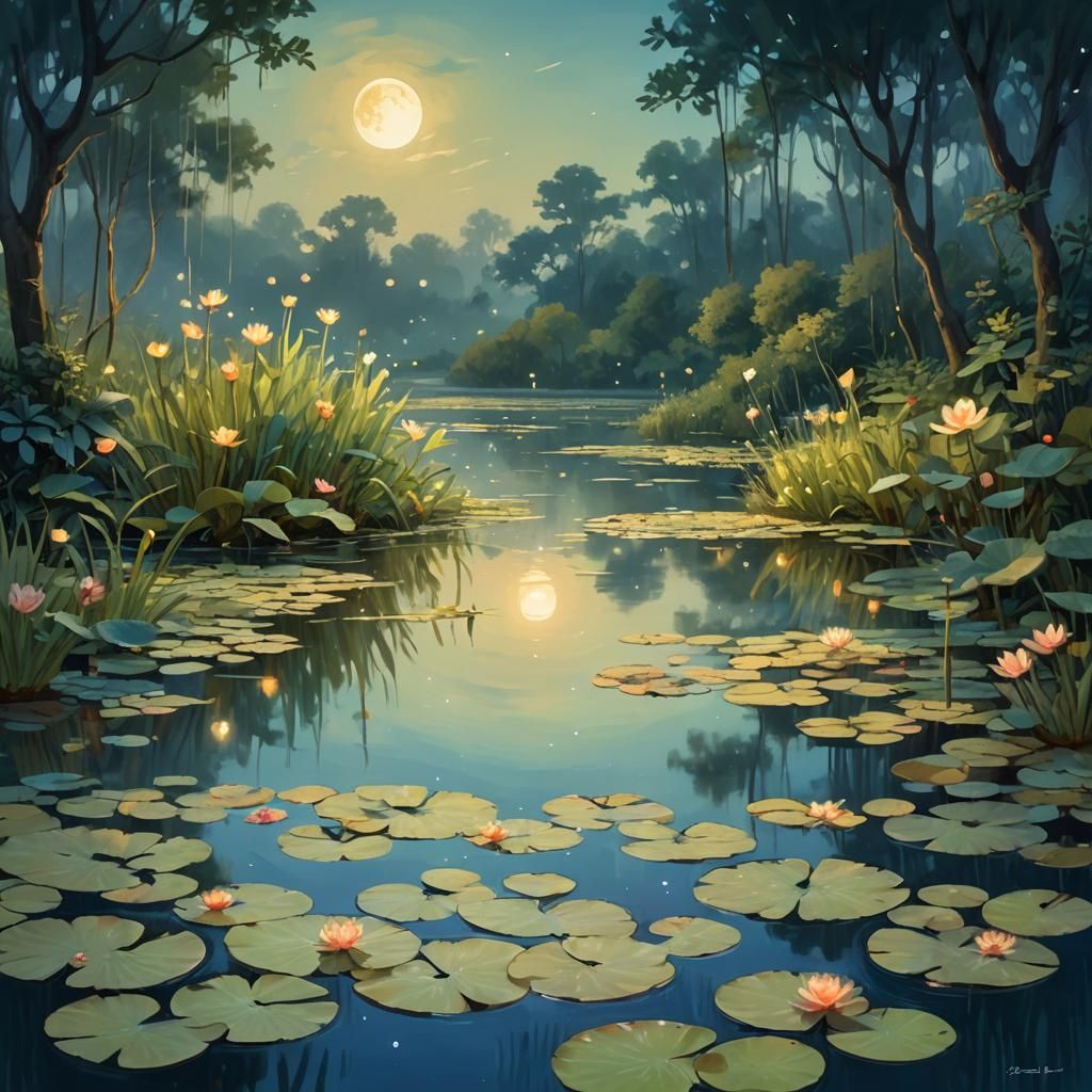 Moonlit Pond: Whimsical Impressionist Concept Art