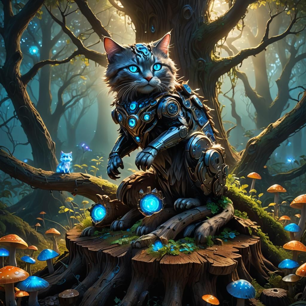 Mystical Robot Cat Sits on Ancient Tree Stump