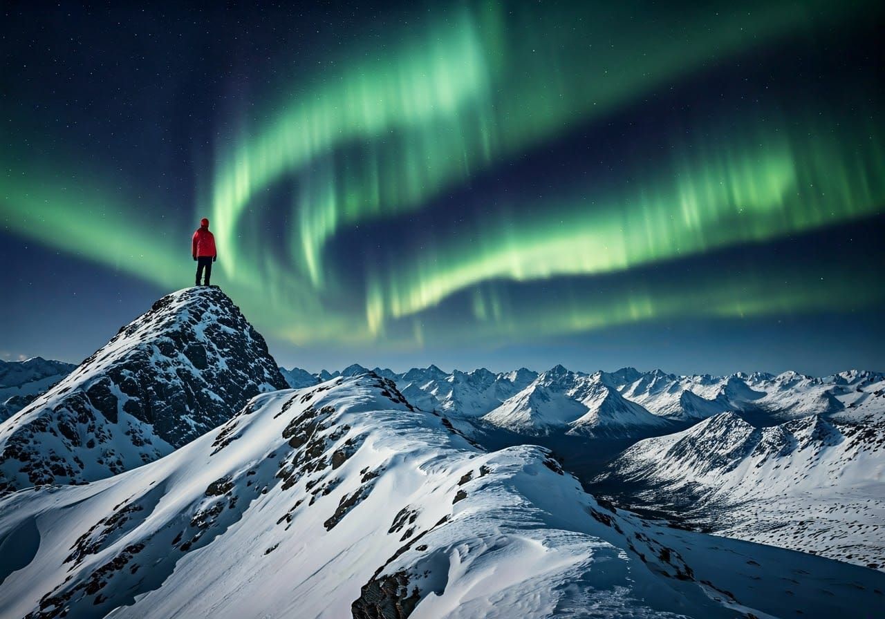 Snowy Mountain Peak Under Aurora Borealis