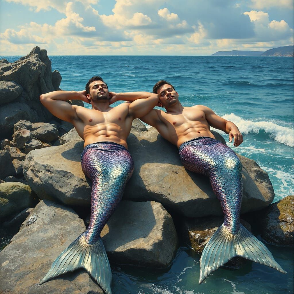 Mermen Reclining on Coastal Rocks: Acrylic Seascape