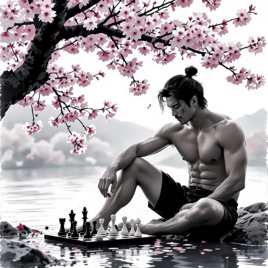 Sumi-e Chess Game Under Sakura in Black and White