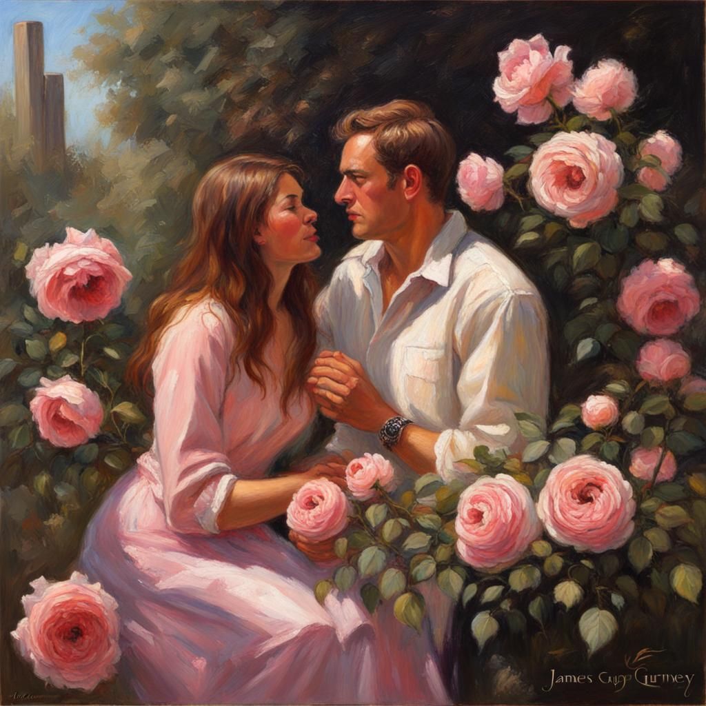 Romantic Rose Garden Oil Painting of Couple