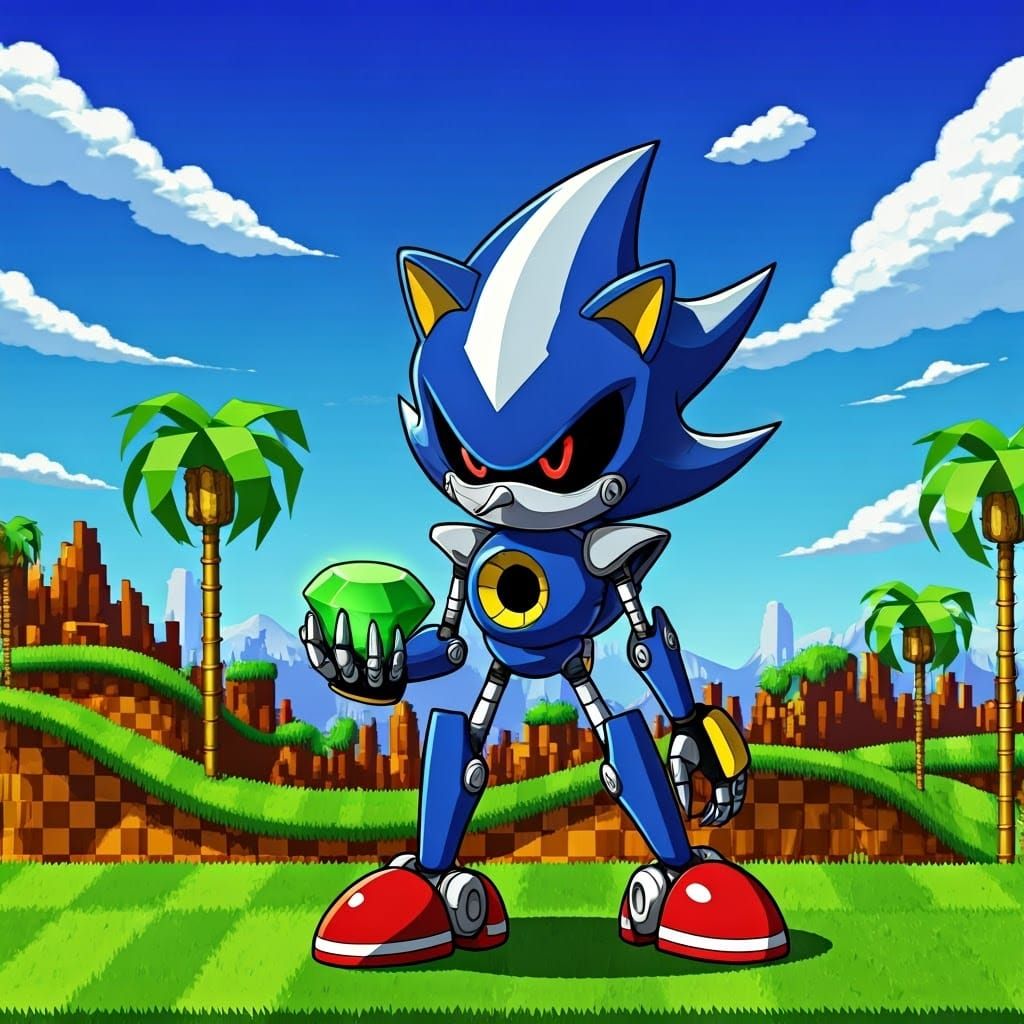 Metal Sonic Heroically Holds a Green Emerald in Green Hill Z...