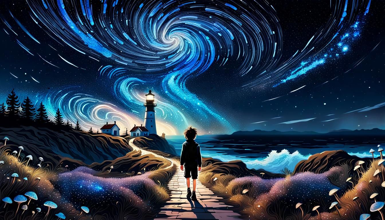 Boy Gazing at Bioluminescent Ocean Under Starry Sky