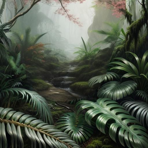 Colorful Jungle Scene in Pink, Orange, and Red