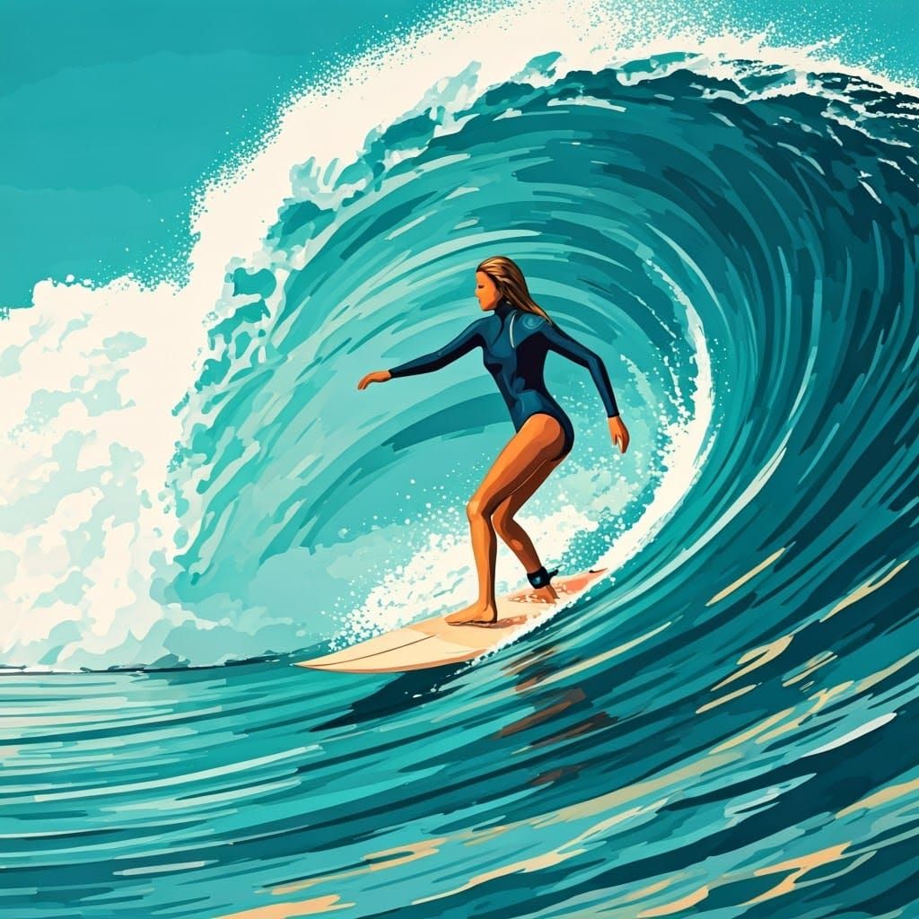 Surreal Surf Goddess Rides Turquoise Wave in Colorful Ink Ar...
