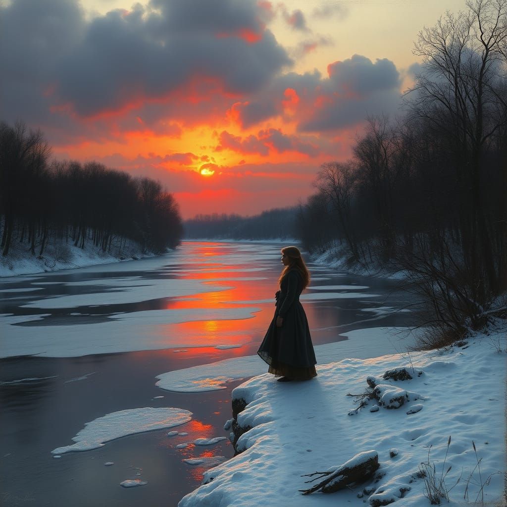 Winter River Scene in Romantic Style