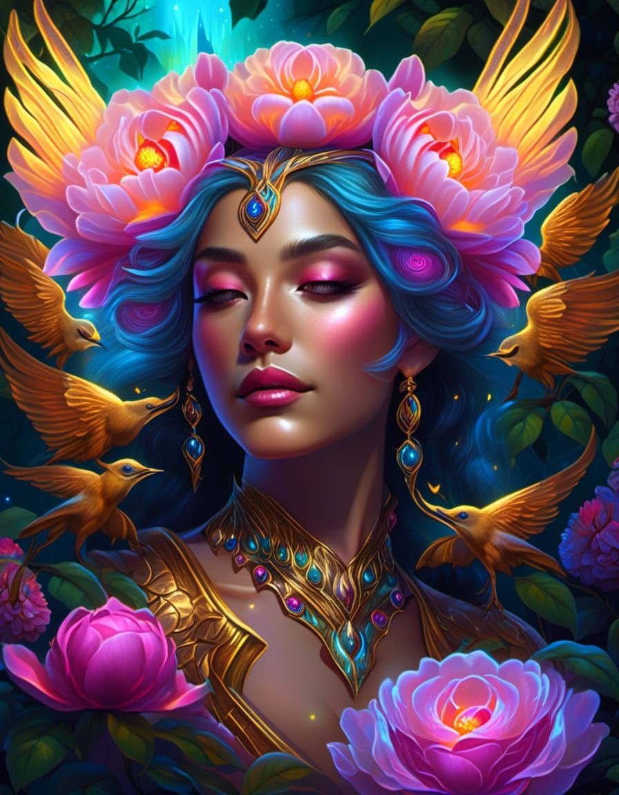 Bioluminescent Rose Portrait in Elven Palace