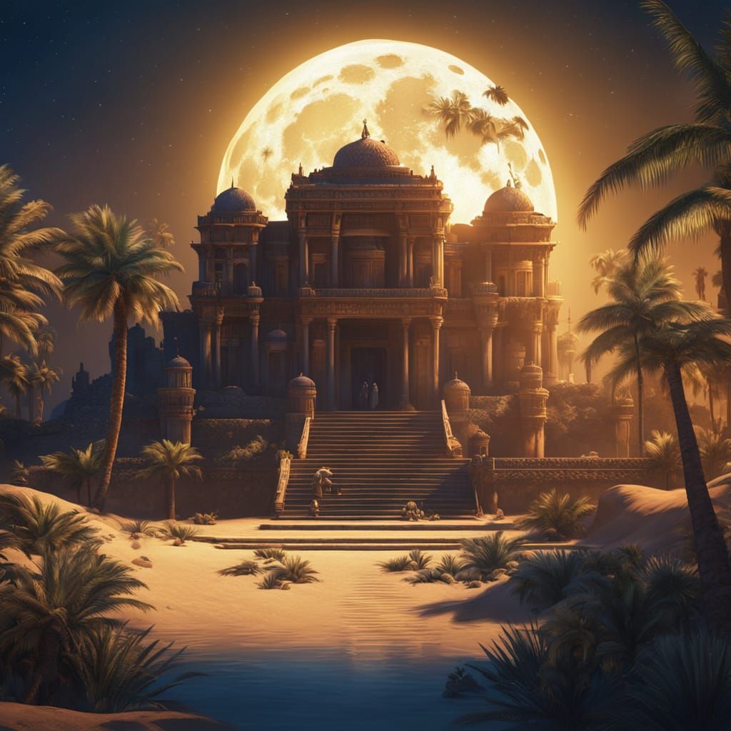 Moonlit Oasis: Epic Digital Matte Painting