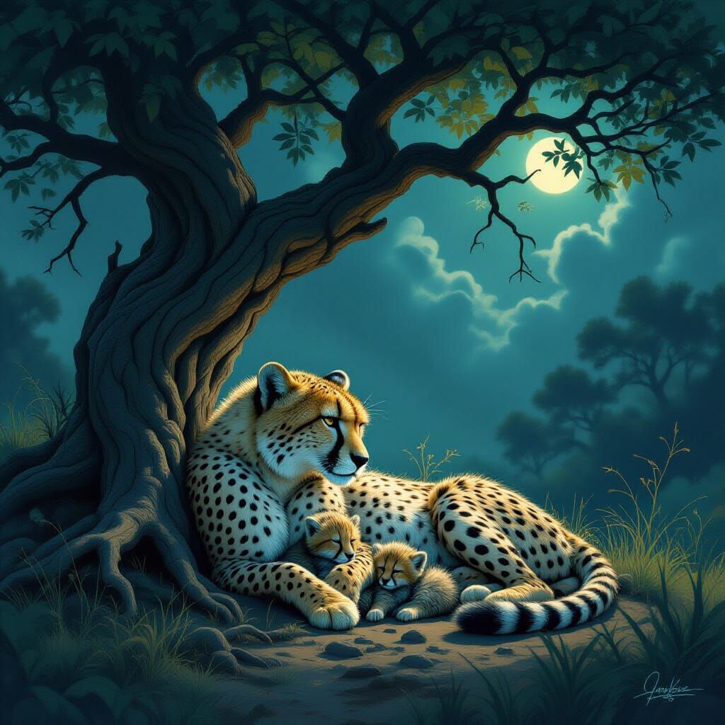 Cheetah Mother and Cubs Resting Under Twisted Tree