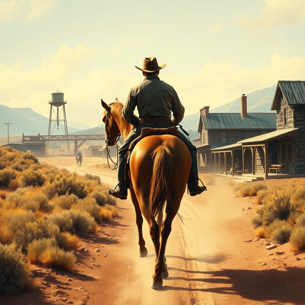 Rugged Cowboy Approaches Idyllic Western Town