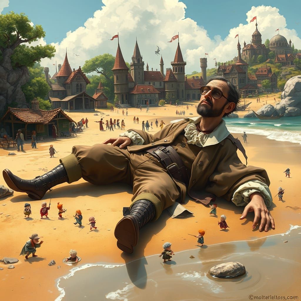 Gulliver's Arrival on Lilliput: A Whimsical Illustration