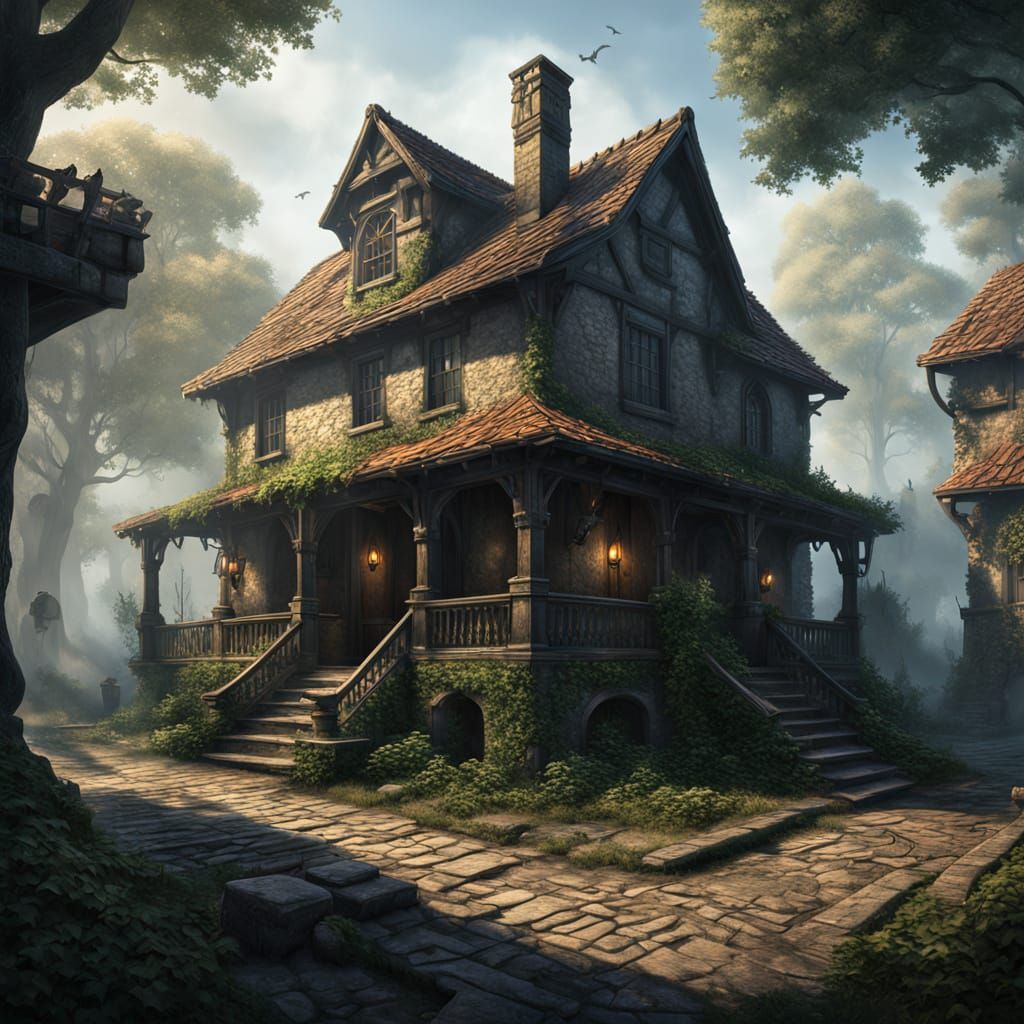 Fantasy RPG Outpost in Misty Forest, Detailed 3D Art