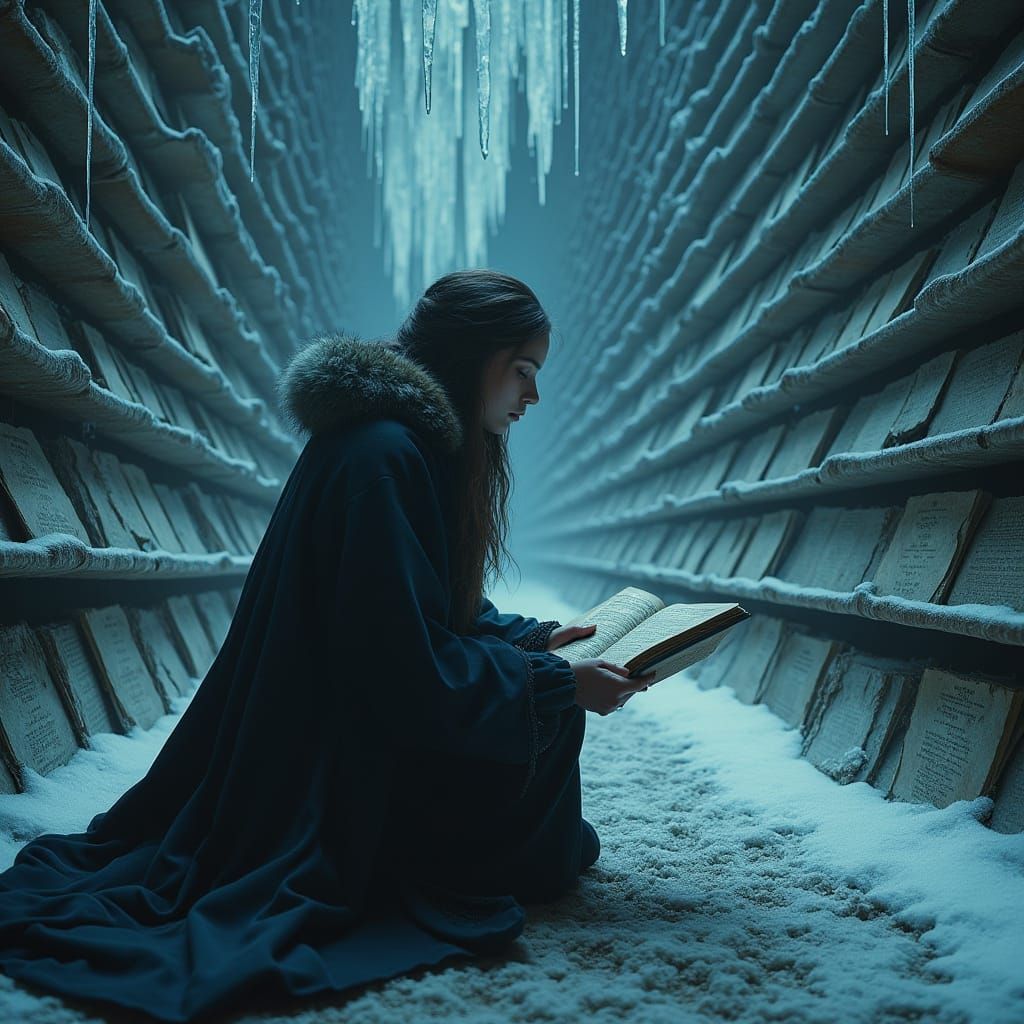 Woman Deciphering Ancient Text in Beksiński Style