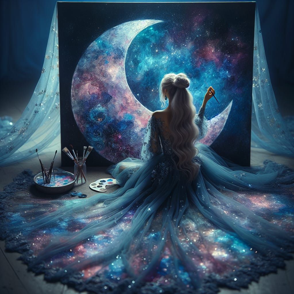 Ethereal Woman Paints Cosmic Dreams on Canvas