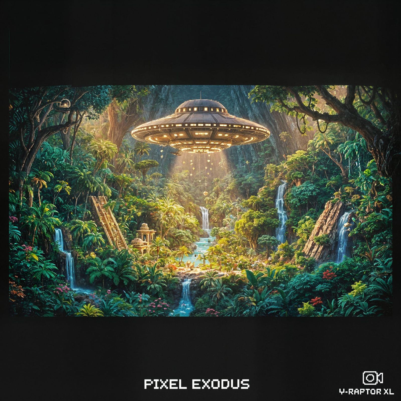 Pixel Art UFO Over Lush Jungle Scene