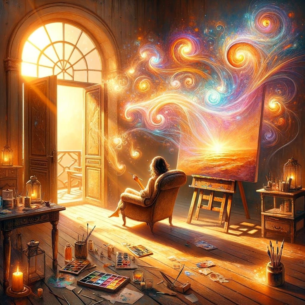 Artist Gazes Toward Sunlit Terrace in Impressionistic Waterc...