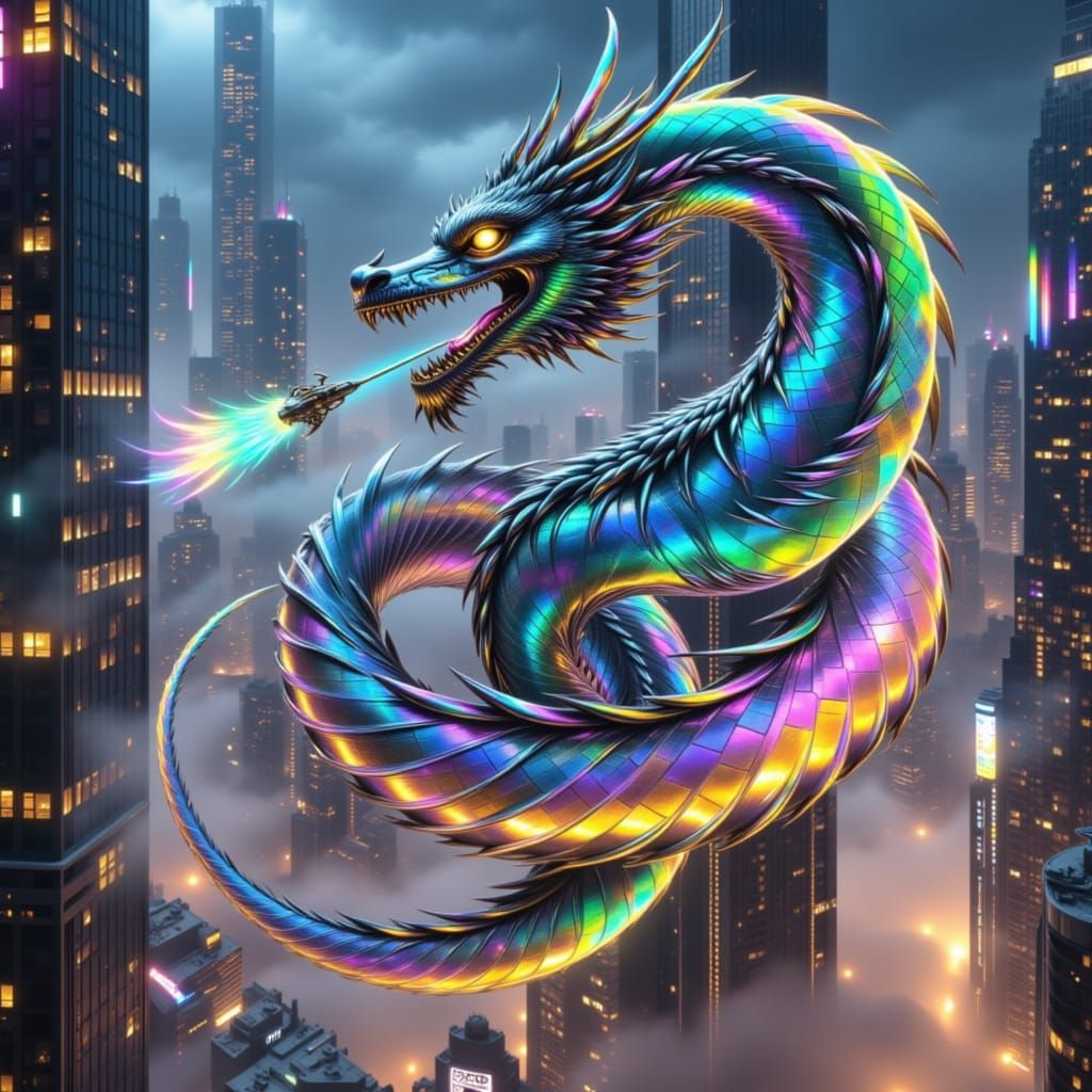 Majestic Chrome Dragon in Futuristic Metropolis