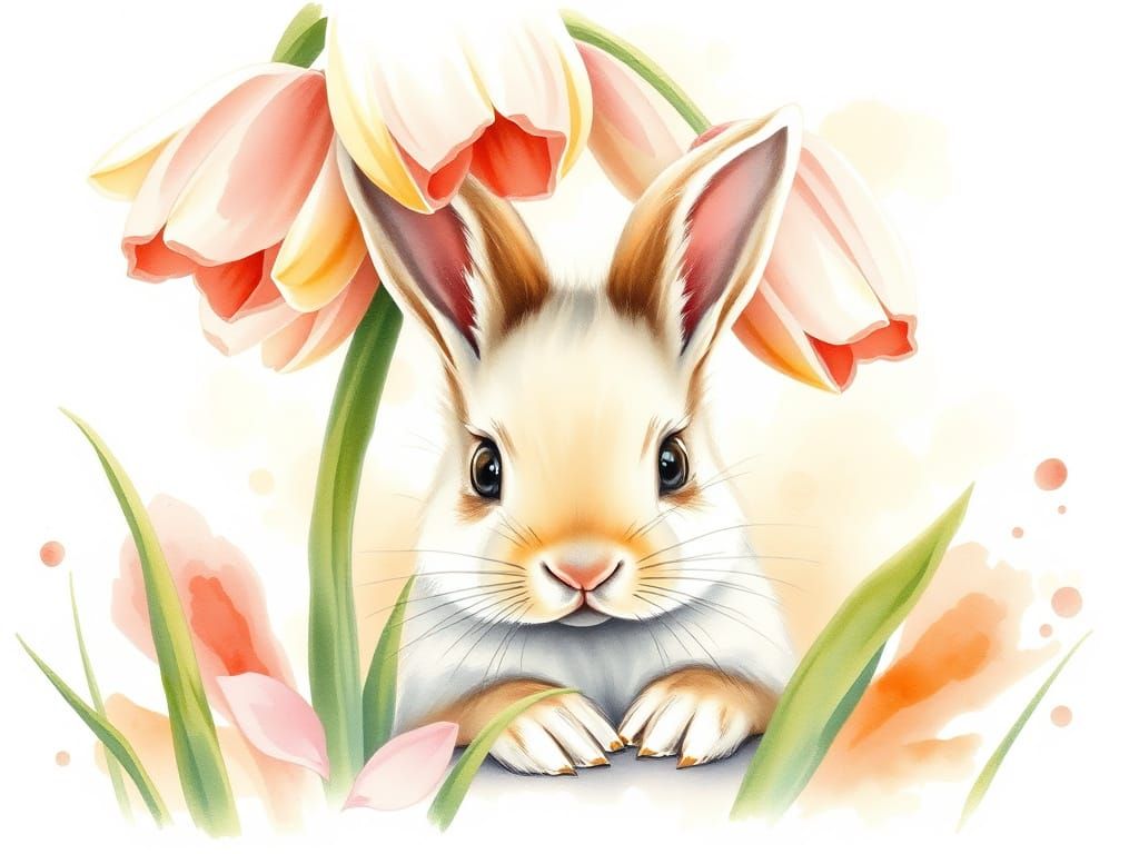 Pastel Rabbit Hiding Among Tulips, Watercolour Painting