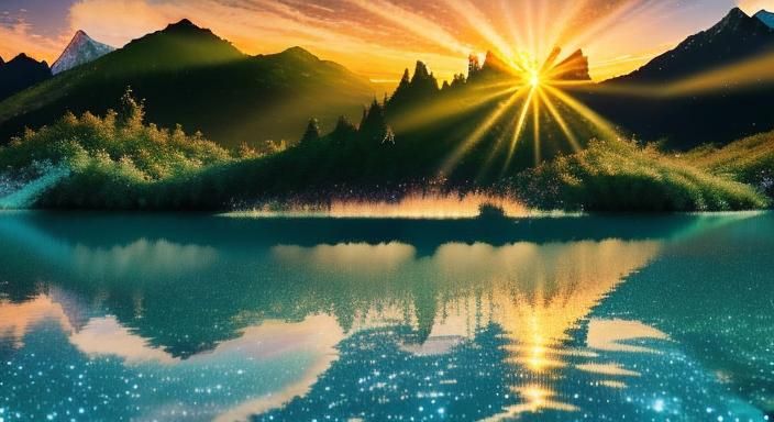 Mountain Lake Sunset with Mermaid Sculptures