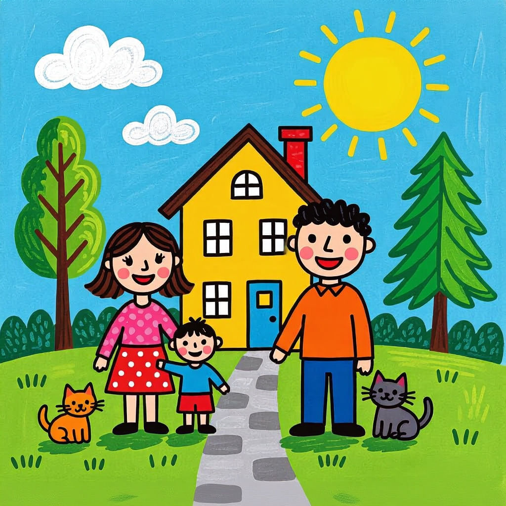 Child's Crayon Drawing of Family and Pets