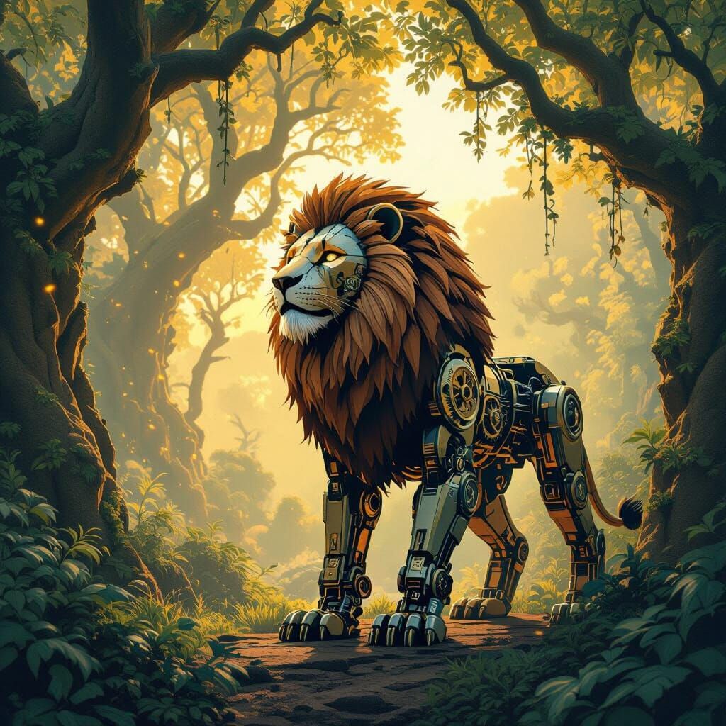 Automaton Lion Guarding Grove in Steampunk Style