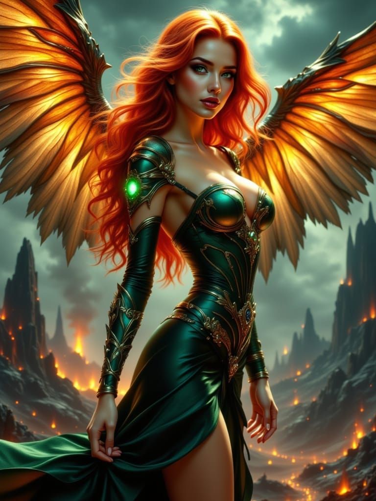 Ethereal Fantasy Pin-Up of a Red-Haired Woman with Wings