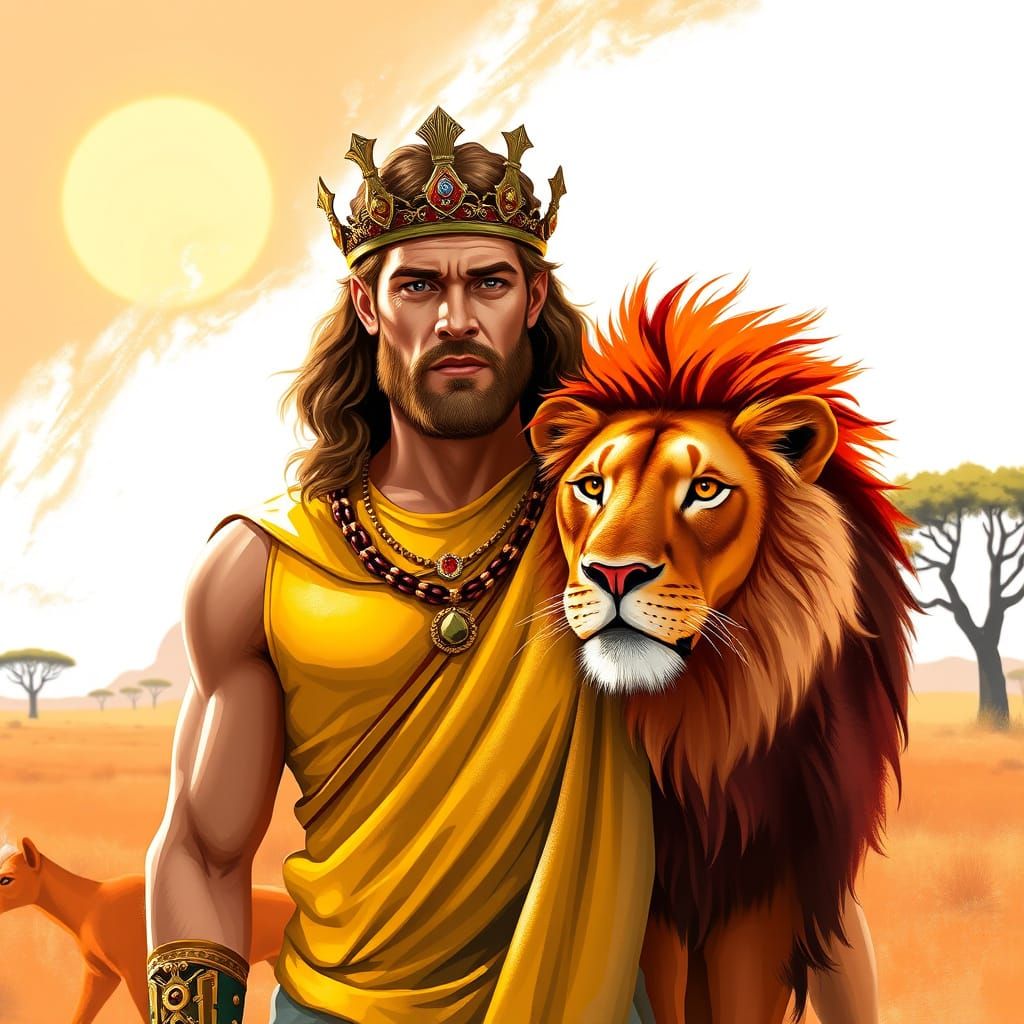 Regal Human Male with Golden Tunic and Pet Lion in Vibrant S...