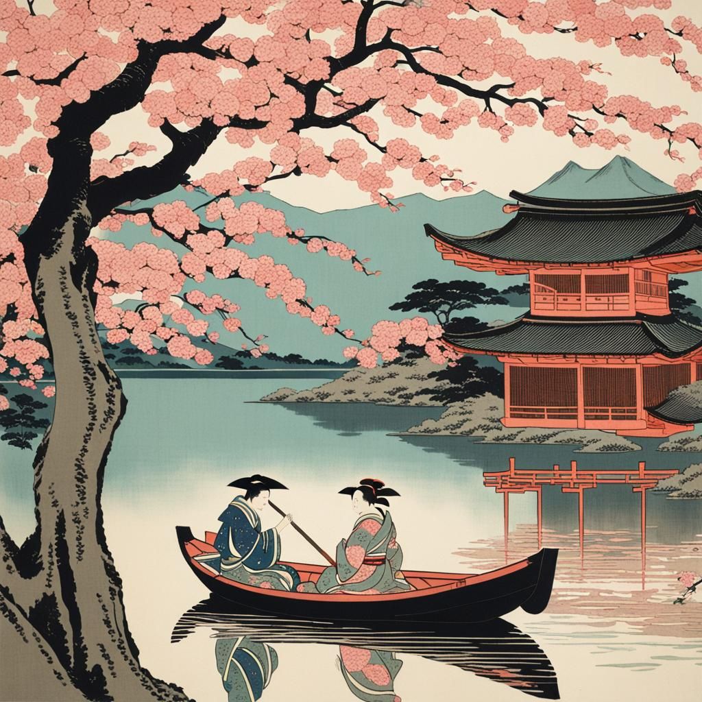 Ukiyo-e Print: Lovers Under Cherry Blossom Tree