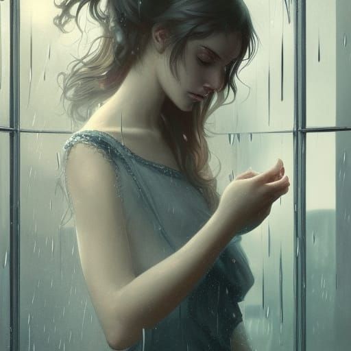 Gothic Window Rain Portrait in Art Nouveau Style